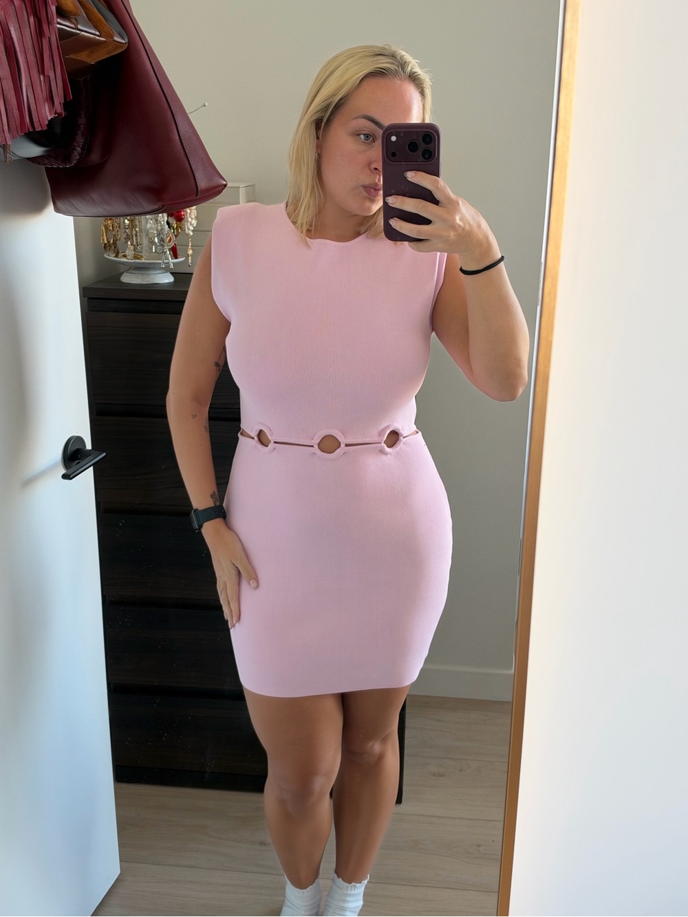 Sleek Pink Mini Dress with Waist Ring Accents
